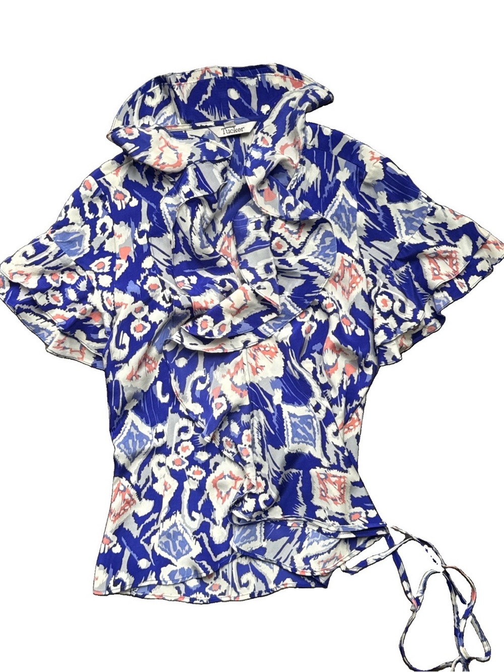 Tucker NYC silk Blue and White wrap around Flutter Blouse Sz small excellent!